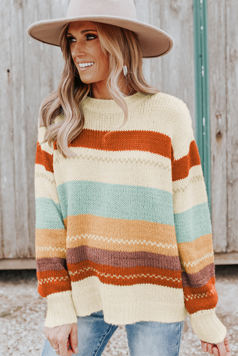 Crew Neck Drop-shoulder Striped Color Block Sweater - Ballimart