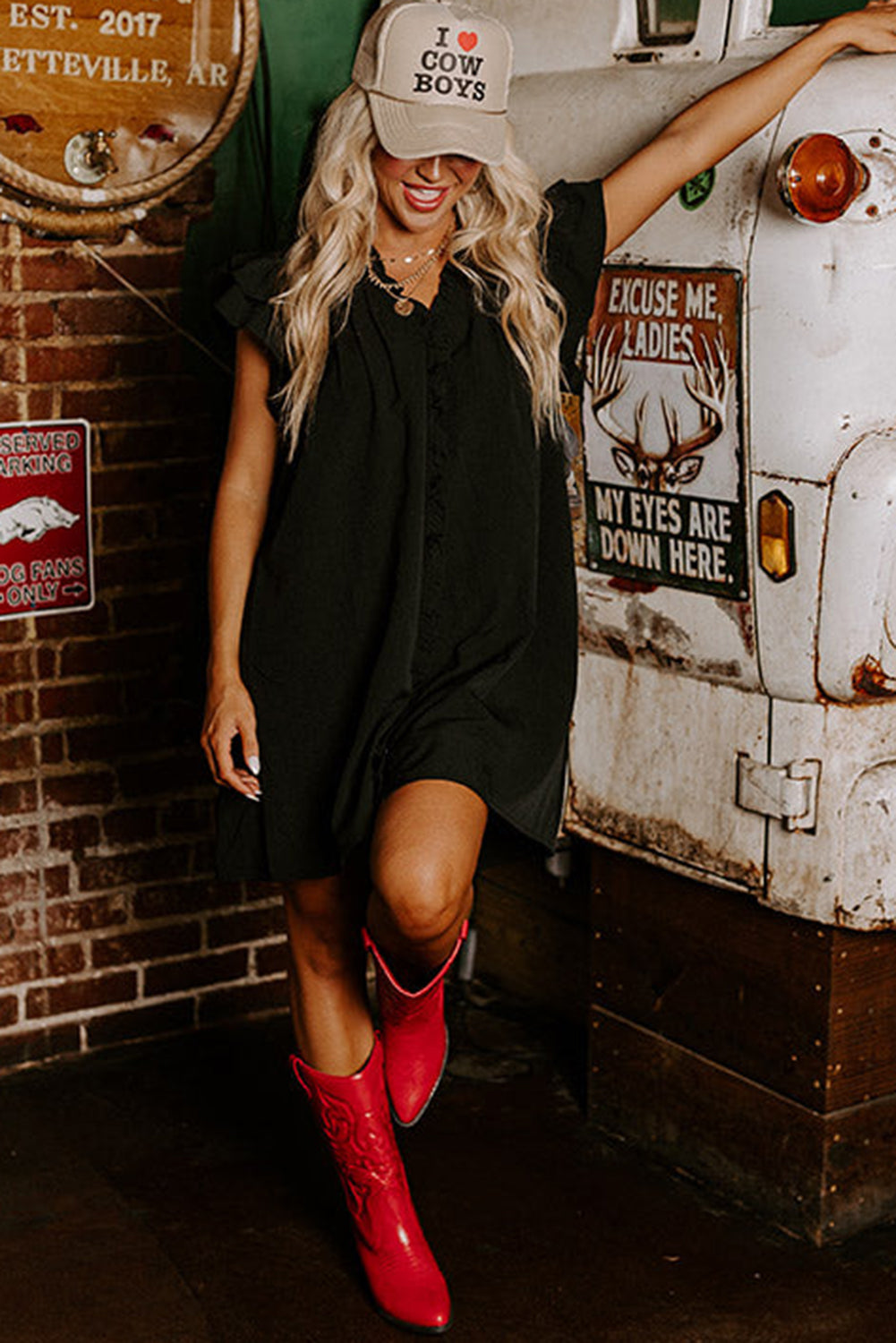 Black Ruffle Sleeve V Neck Frilled Shift Dress - Ballimart