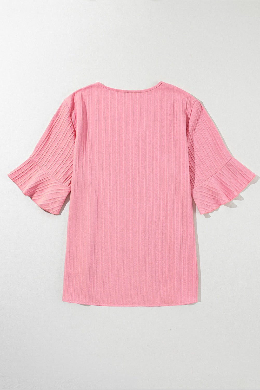Peach Blossom Ruffled Half Sleeve V Neck Textured Plus Top - Ballimart