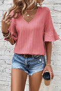 Peach Blossom Ruffled Half Sleeve V Neck Textured Top - Ballimart
