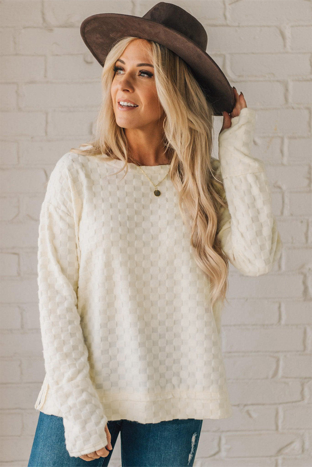 Beige Solid Textured Thumbhole Sleeve Top - Ballimart