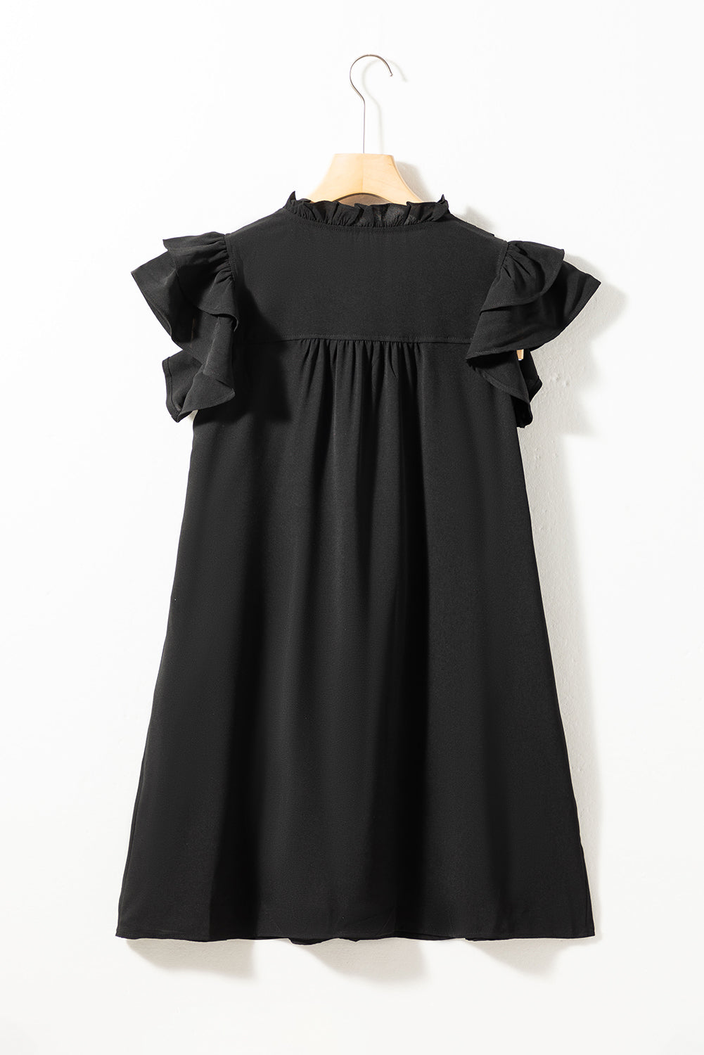 Black Ruffle Sleeve V Neck Frilled Shift Dress - Ballimart