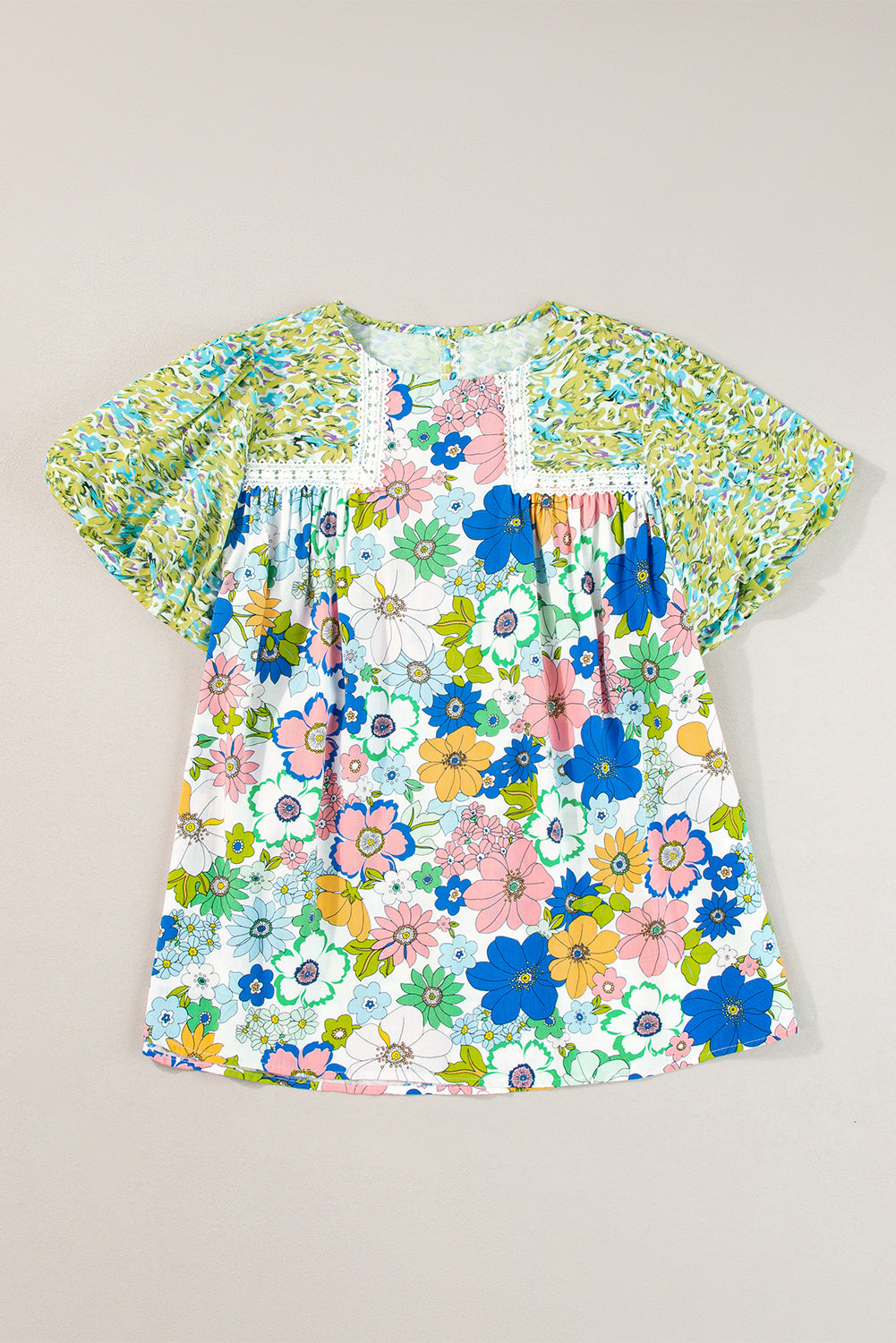 Green Bubble Sleeve Lace Trim Floral Mixed Print Blouse - Ballimart
