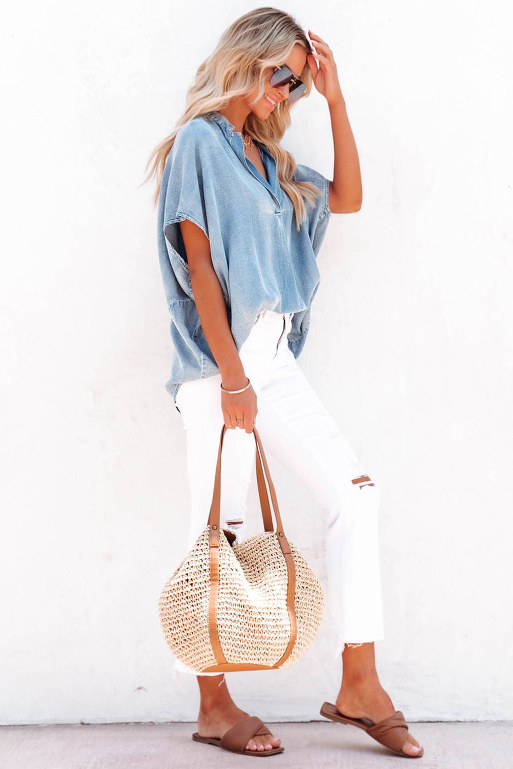 Sky Blue Split V Neck Oversized Denim Blouse - Ballimart