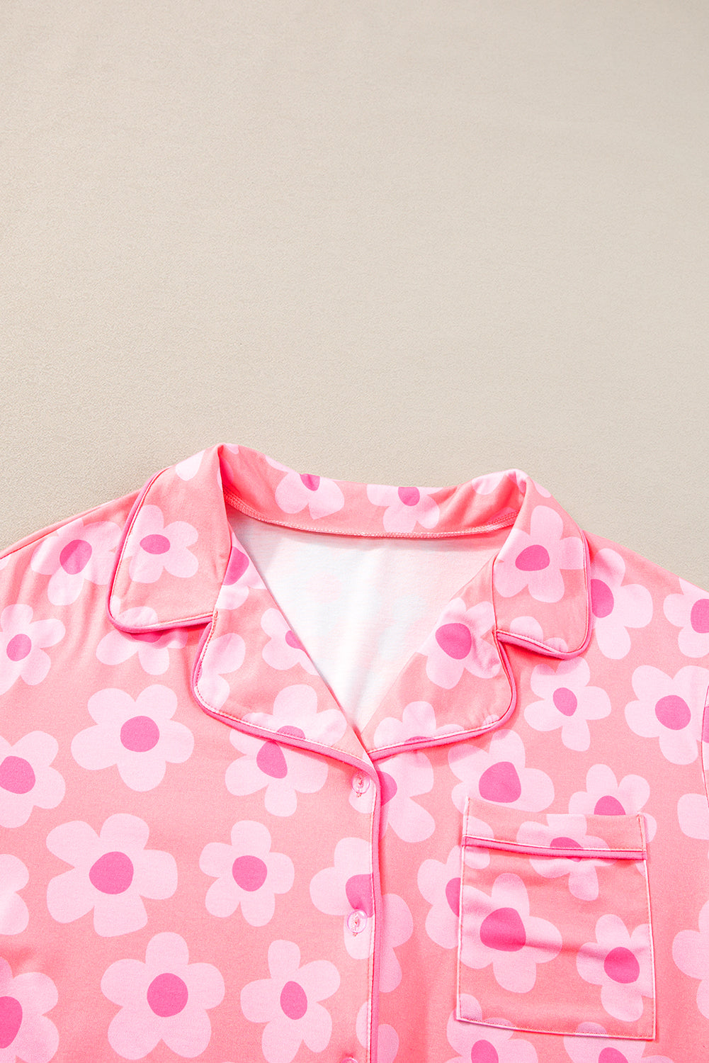 Pink Flower Print Short Sleeve Shirt Pajamas Set - Ballimart