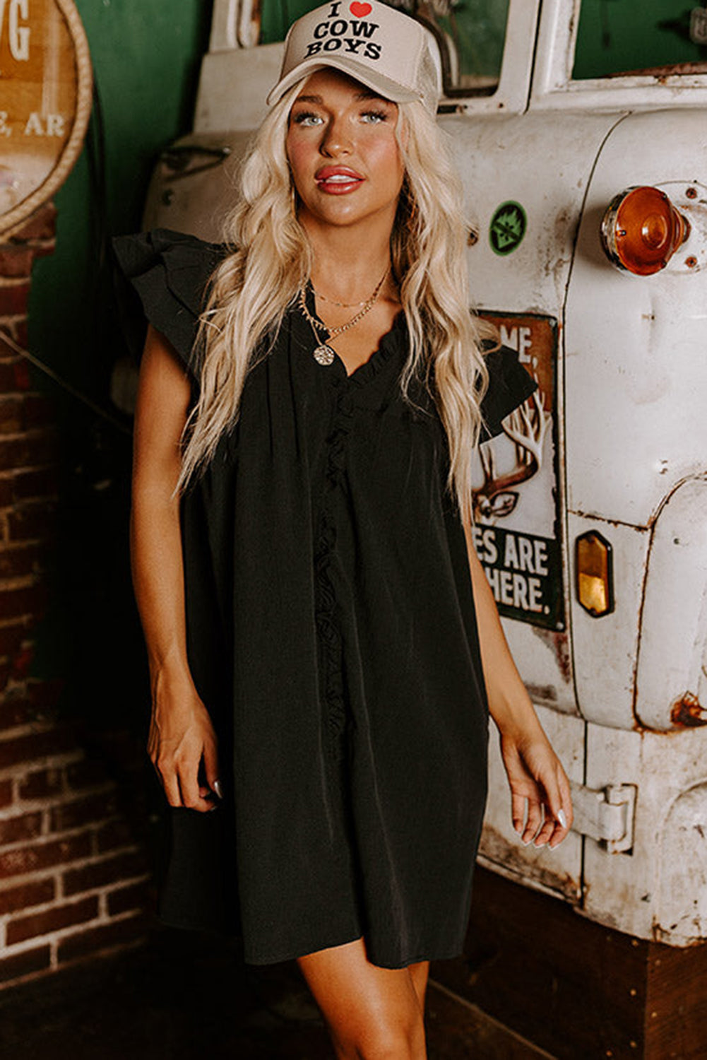 Black Ruffle Sleeve V Neck Frilled Shift Dress - Ballimart