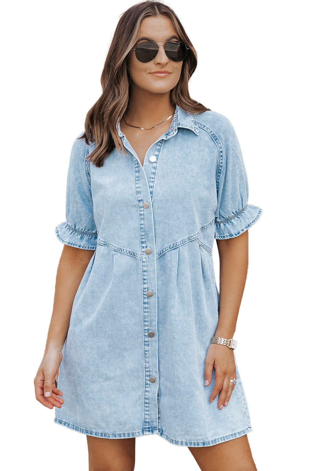 Beau Blue Mineral Wash Ruffled Short Sleeve Buttoned Denim Dress - Ballimart