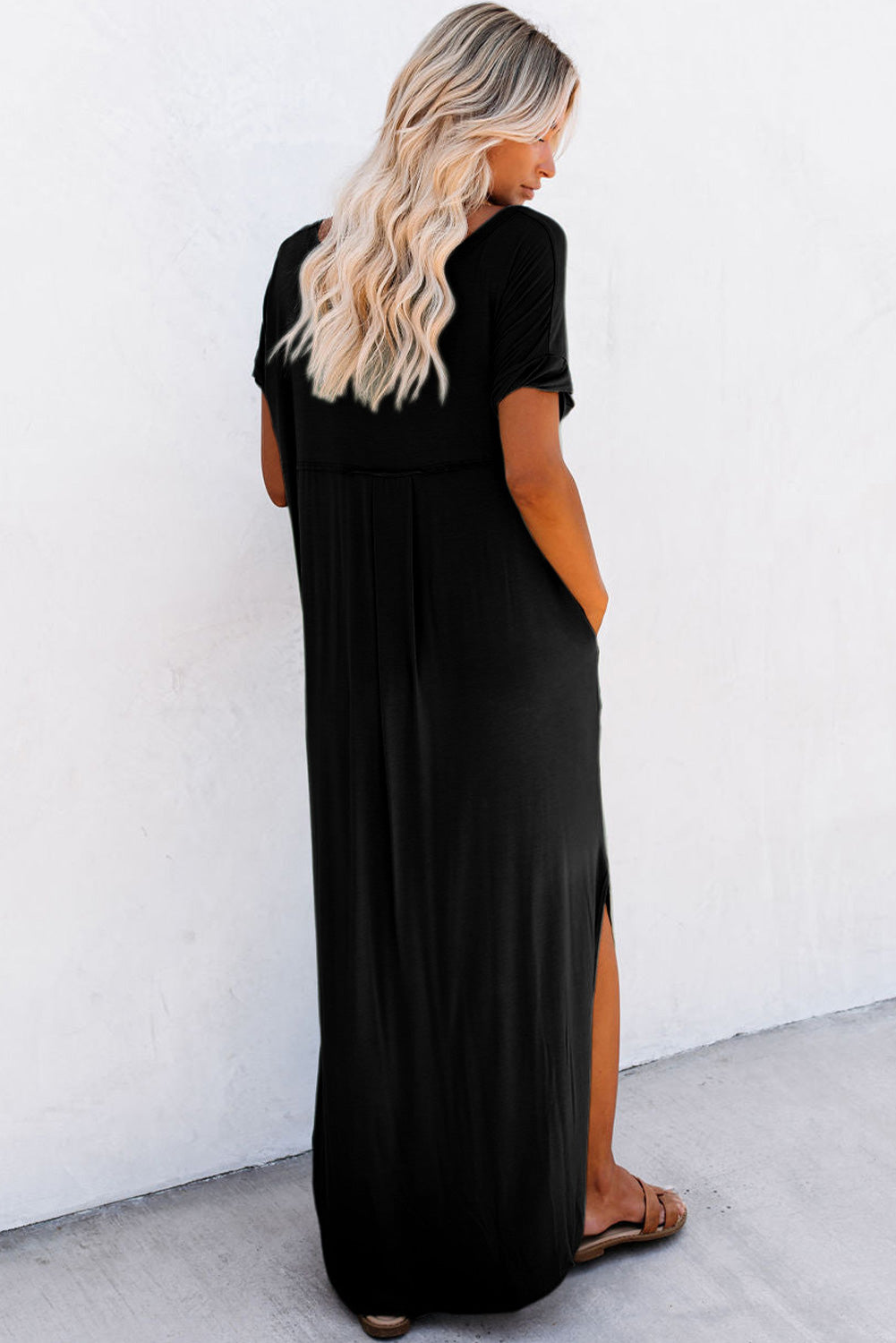 Black V Neck Hidden Pocket Splits Maxi T-shirt Dress - Ballimart