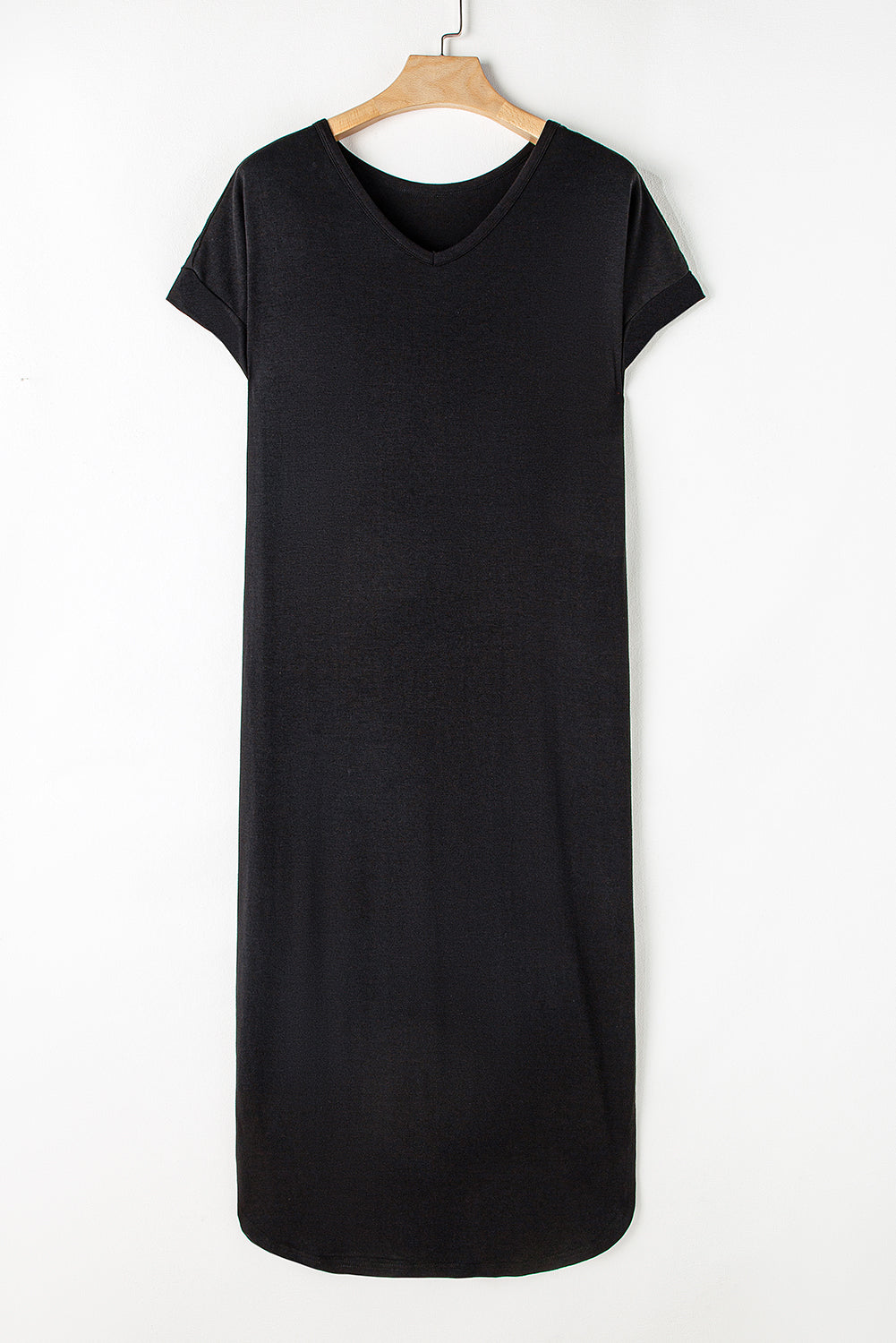 Black V Neck Hidden Pocket Splits Maxi T-shirt Dress - Ballimart
