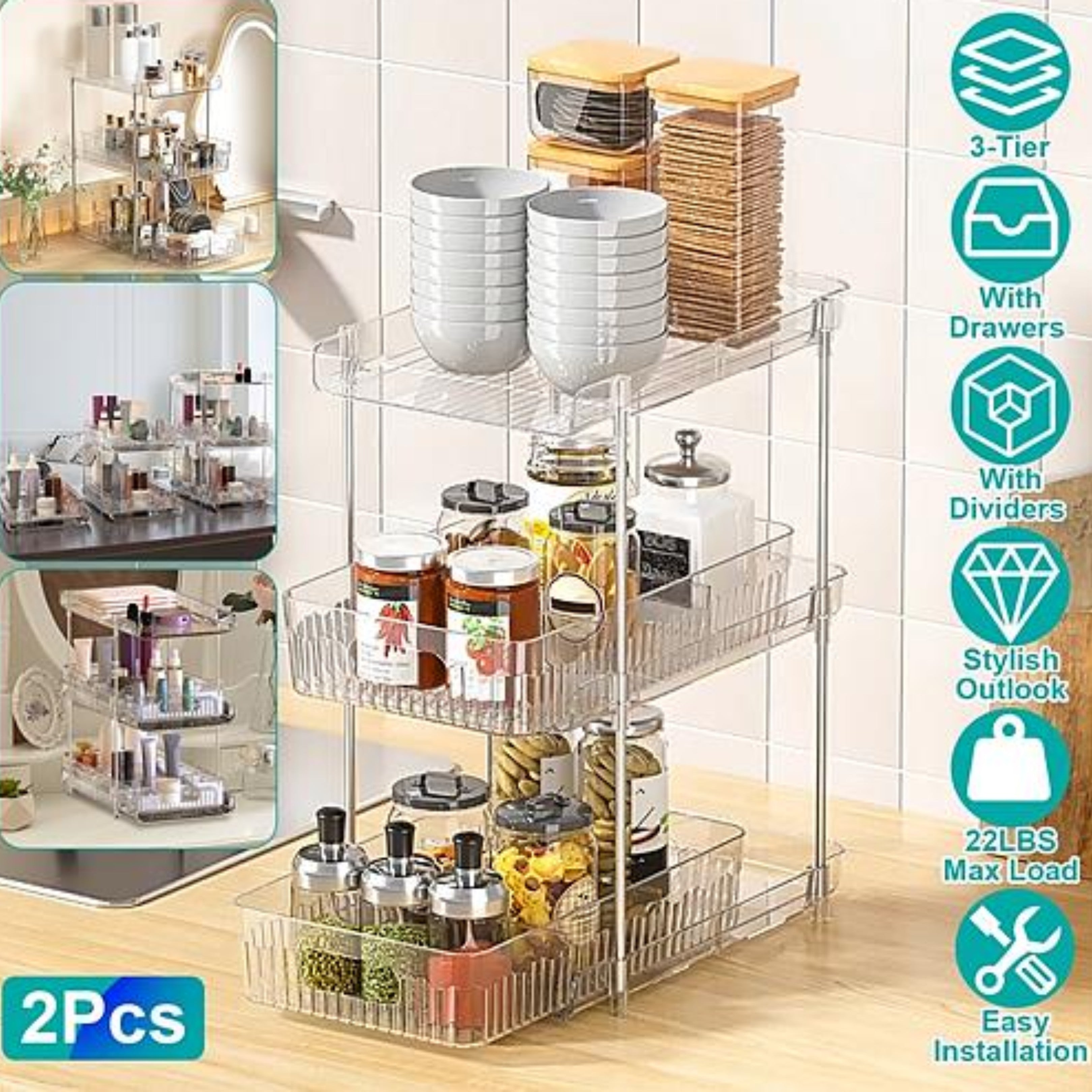 NewHome 2 Packs 3 Tier Clear Bathroom Organizer with Drawers - Ballimart