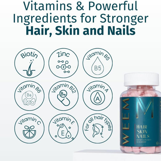 WEEM Hair Skin & Nails Gummies – Vegan Biotin Vitamins for Faster Hair Growth, Stronger Nails & Healthy Skin – Extra Strength Raspberry Flavor – 1 Bottle