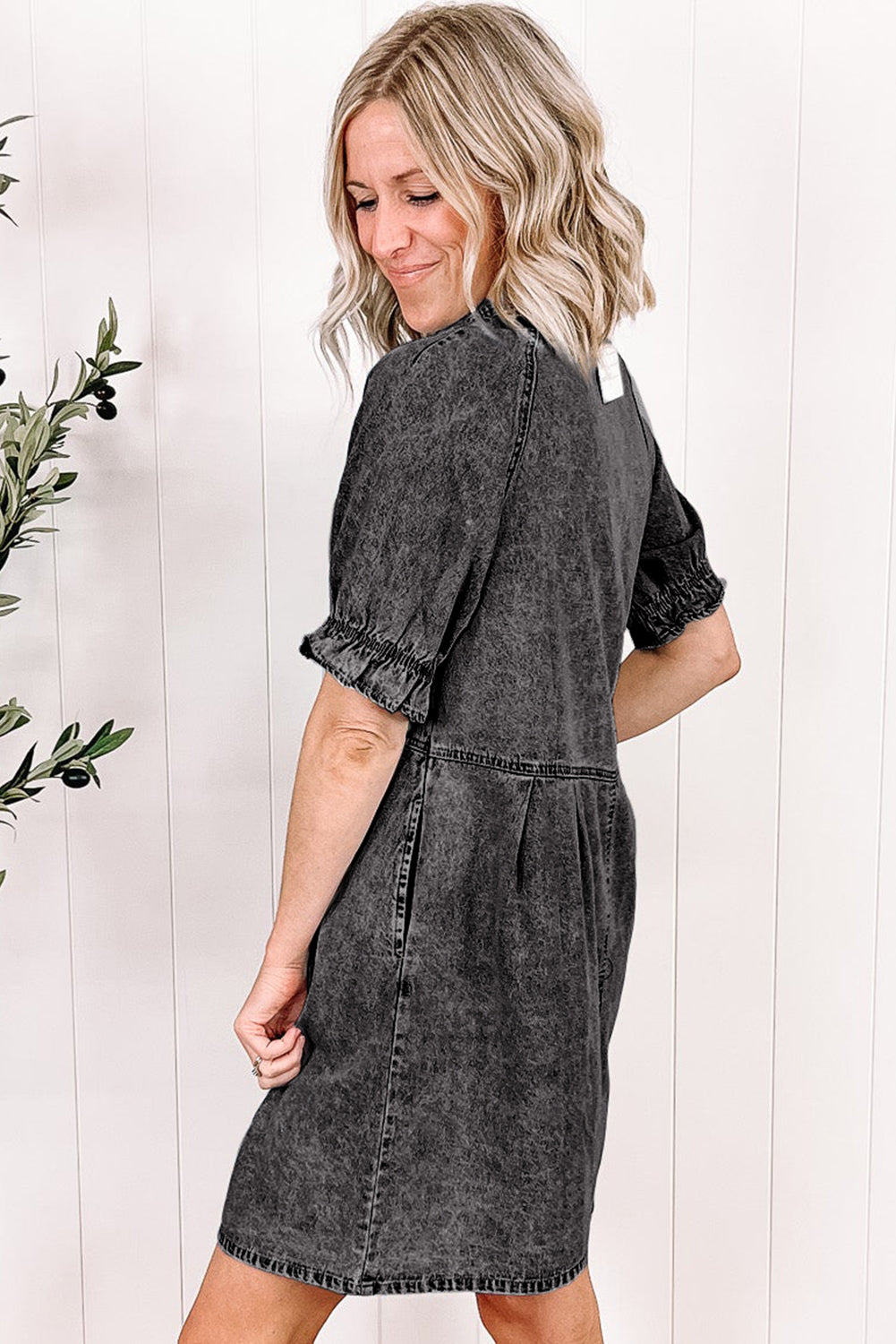 Medium Grey Mineral Wash Ruffled Short Sleeve Buttoned Denim Dress - Ballimart