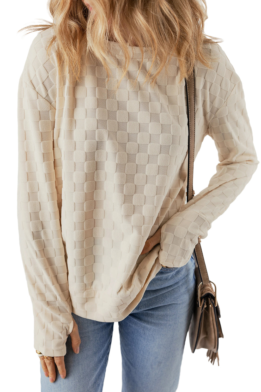 Beige Solid Textured Thumbhole Sleeve Top - Ballimart