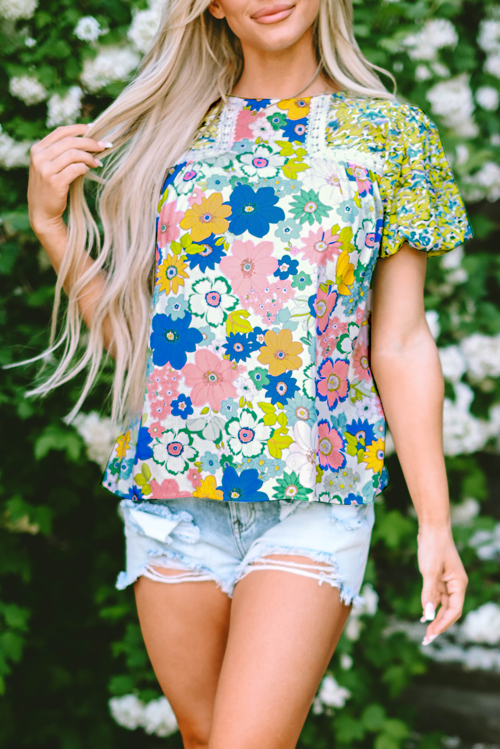 Green Bubble Sleeve Lace Trim Floral Mixed Print Blouse - Ballimart