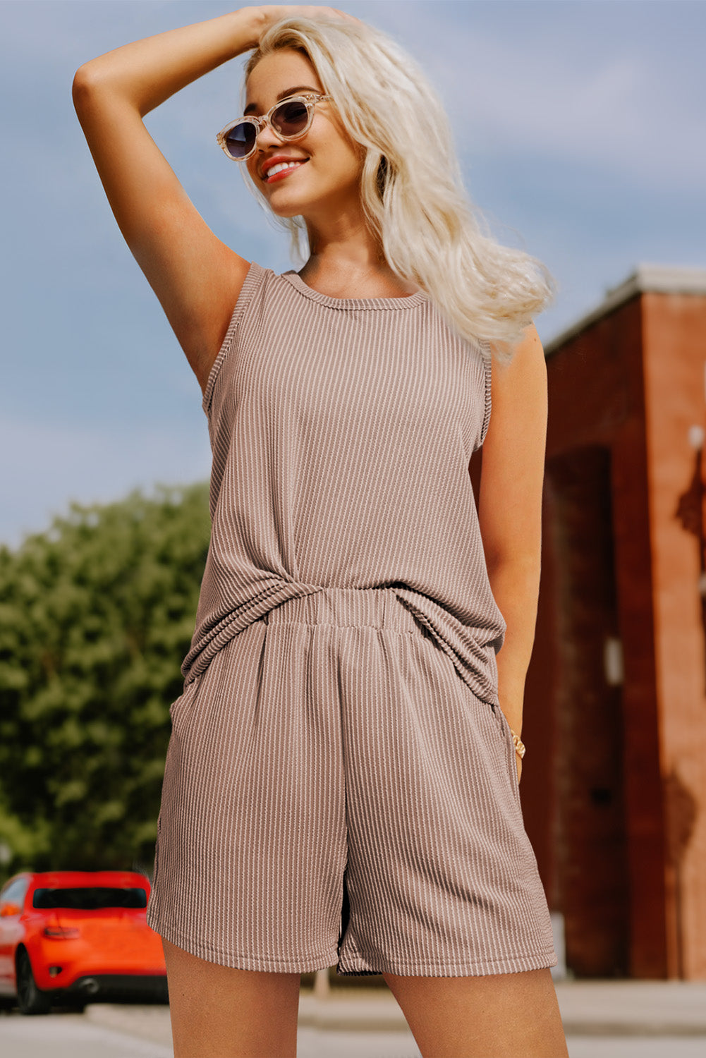 Smoke Gray Corded Sleeveless Top and Pocketed Shorts Set - Ballimart