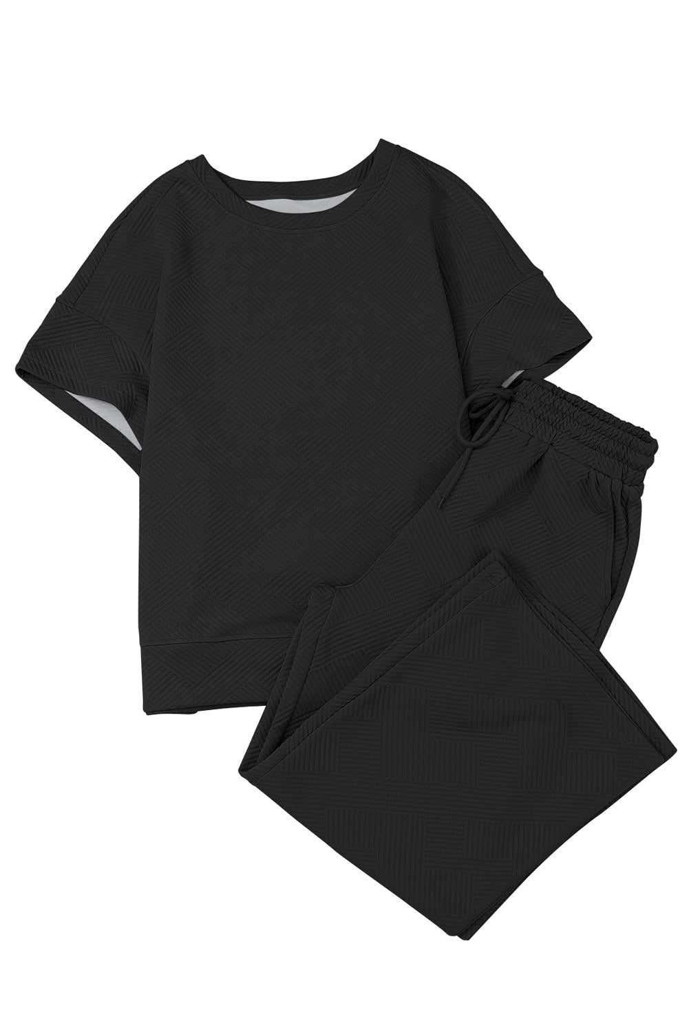 Black Textured Loose Fit T Shirt and Drawstring Pants Set - Ballimart