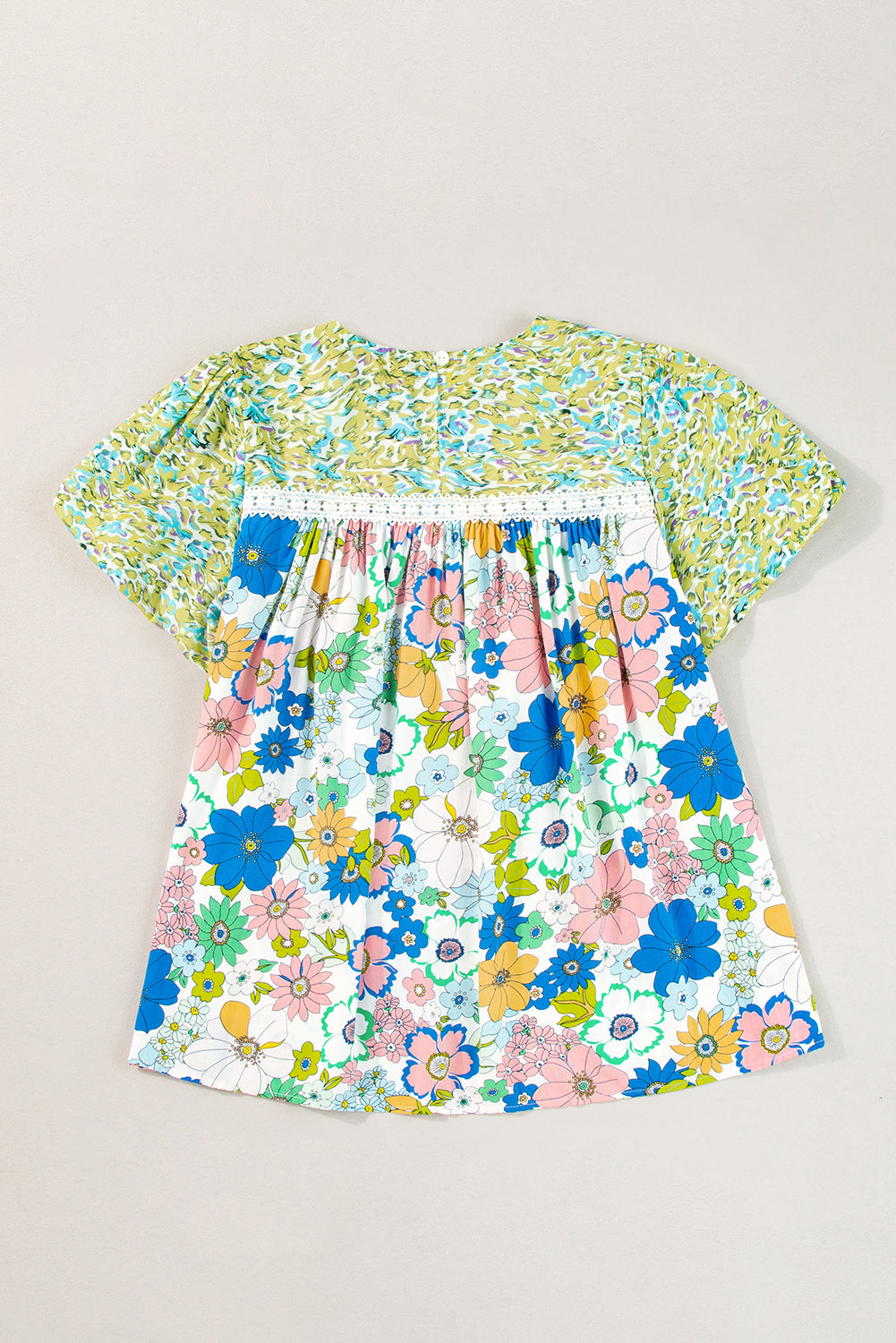 Green Bubble Sleeve Lace Trim Floral Mixed Print Blouse - Ballimart