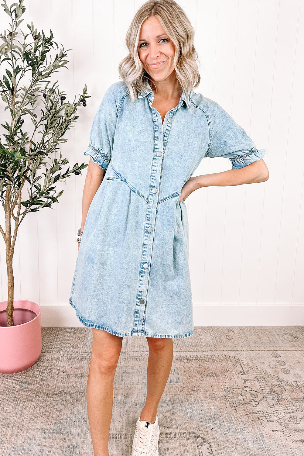 Beau Blue Mineral Wash Ruffled Short Sleeve Buttoned Denim Dress - Ballimart