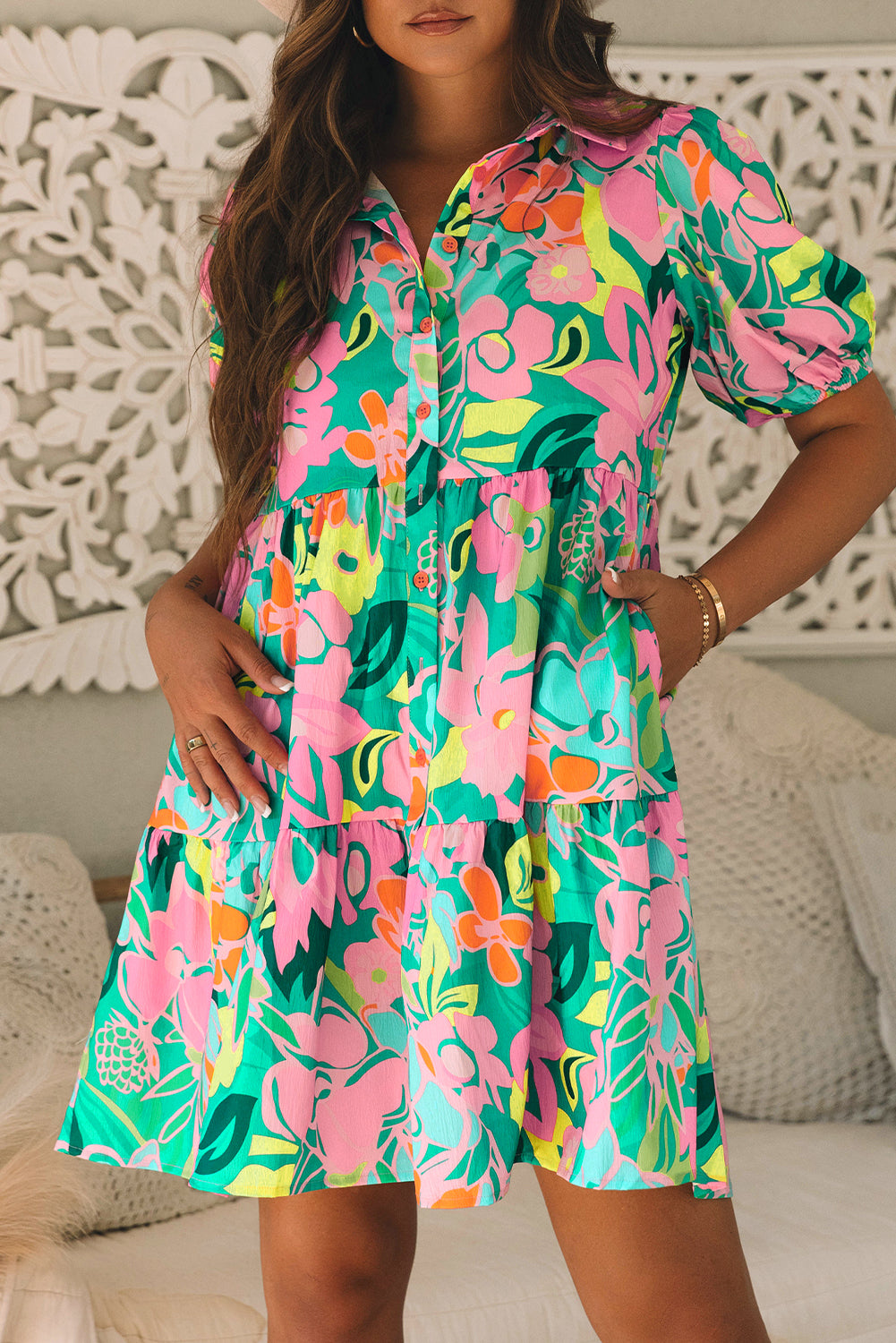 Green Floral Puff Sleeve Collar Buttoned Babydoll Dress - Ballimart