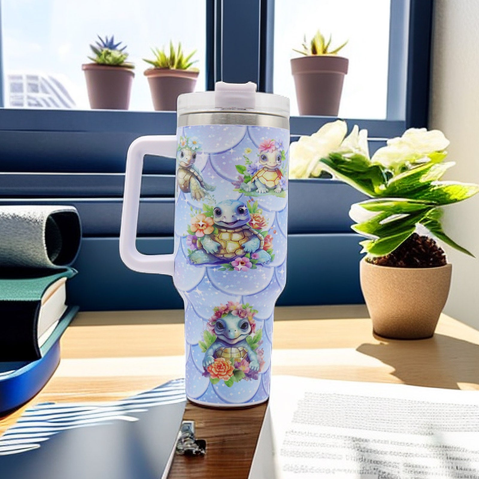 1pc 40oz large capacity Tumbler， Sea turtles With Handle And Straw Lid, 304 Stainless Steel Water Bottles Travel Mug Coffee Cup car cup water cup For Men Women Outdoor Camping Driving, - Ballimart