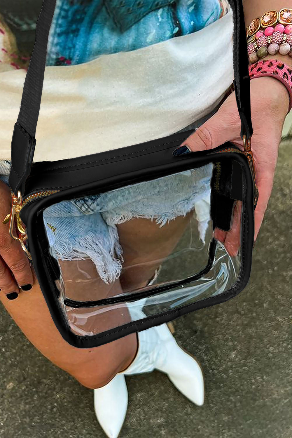 Black Clear PVC Leather Strap Crossbody Bag - Ballimart