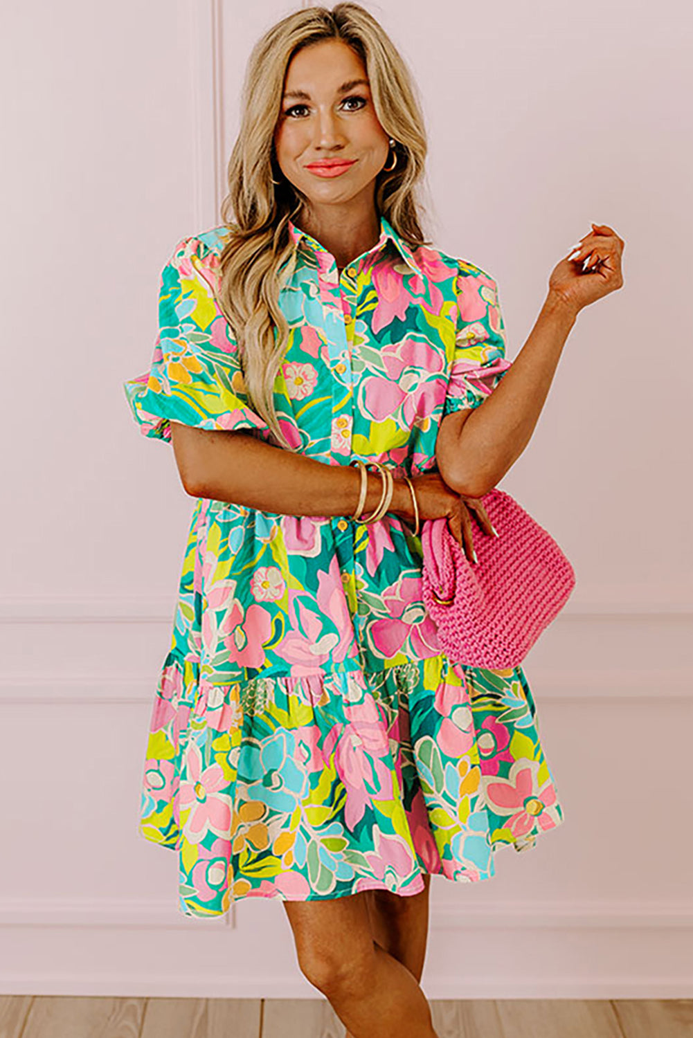 Green Floral Puff Sleeve Collar Buttoned Babydoll Dress