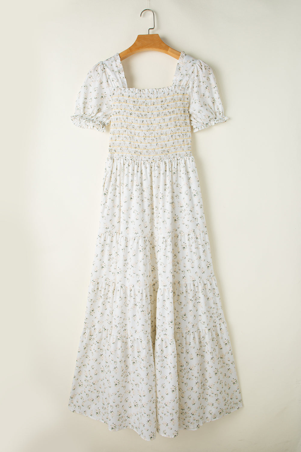 White Frilly Shirred Bodice Tiered Floral Maxi Dress - Ballimart
