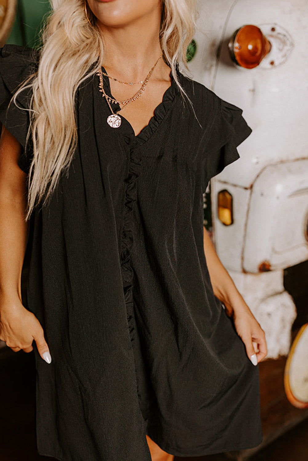 Black Ruffle Sleeve V Neck Frilled Shift Dress - Ballimart