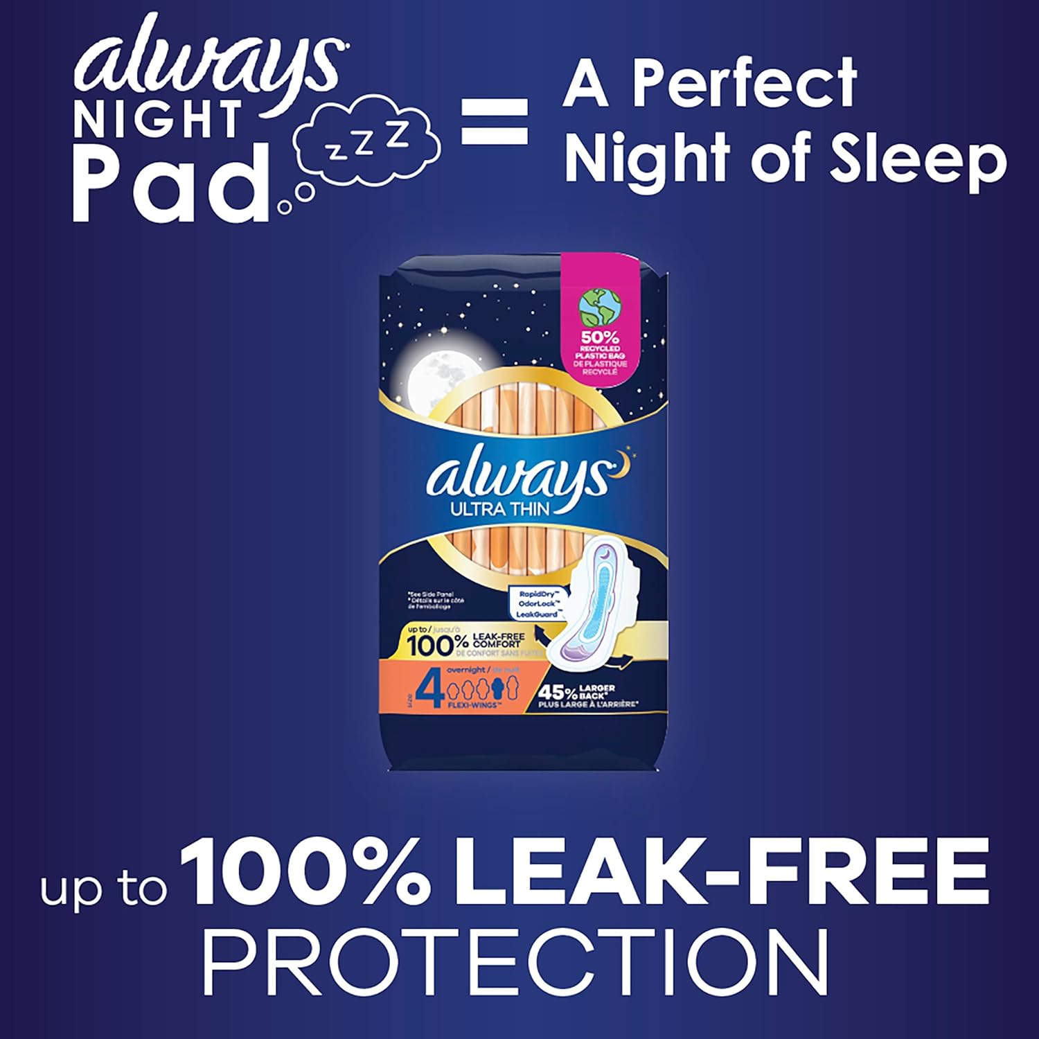 Always Ultra Thin Overnight Pads with Wings, Size 4 | 96 Count | 100% Leak-Free Comfort & Protection