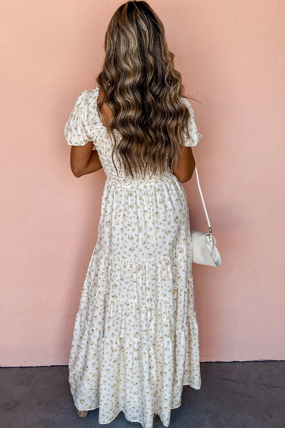White Frilly Shirred Bodice Tiered Floral Maxi Dress - Ballimart