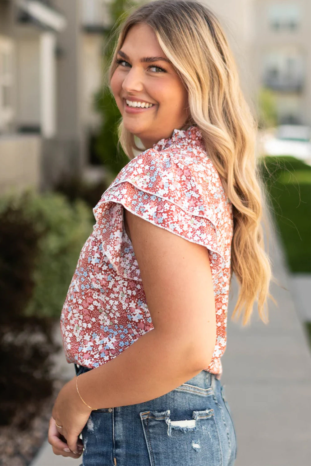 Pink Plus Size Floral Print Ruffled Sleeve Frilled Neck Blouse - Ballimart
