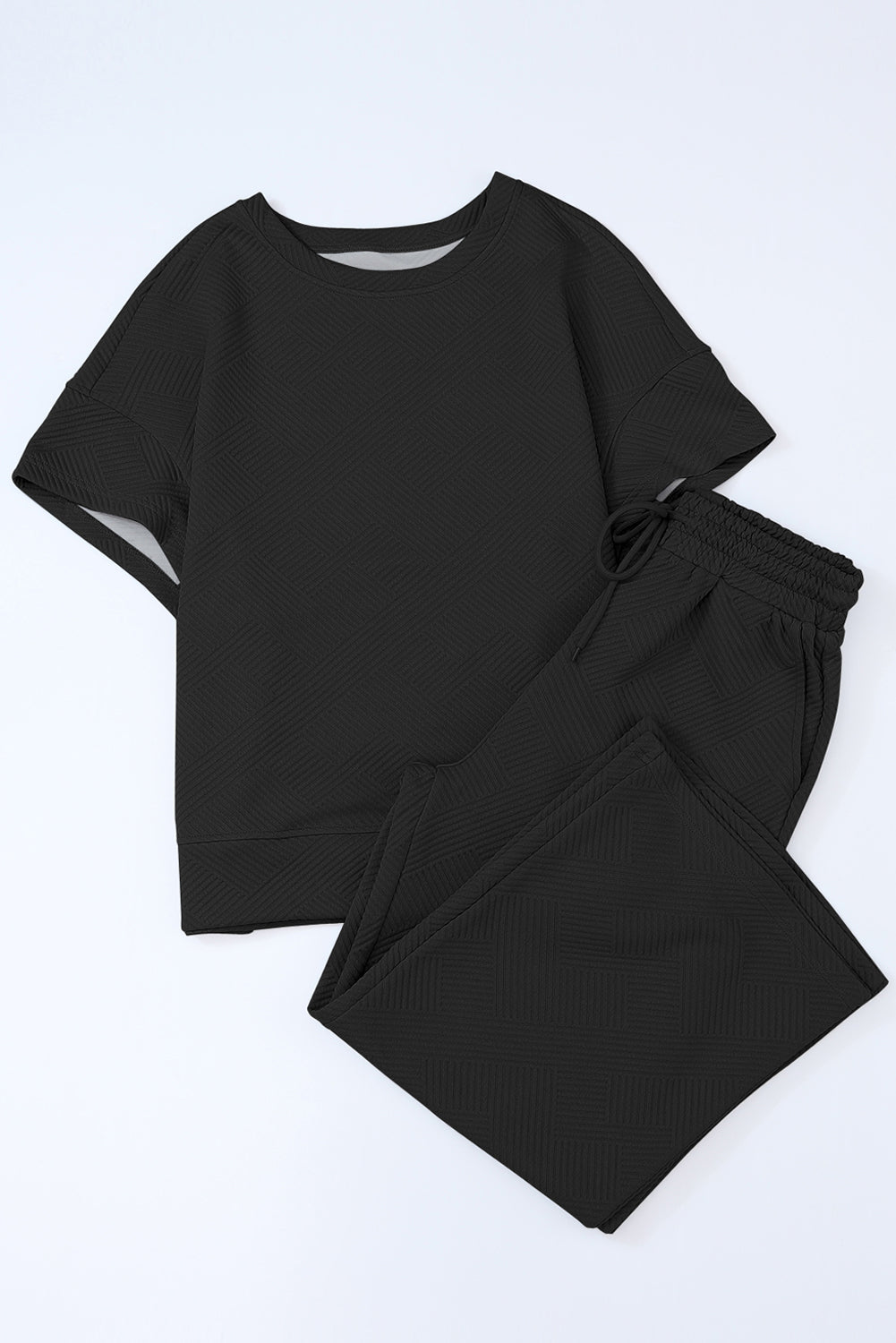 Black Textured Loose Fit T Shirt and Drawstring Pants Set - Ballimart