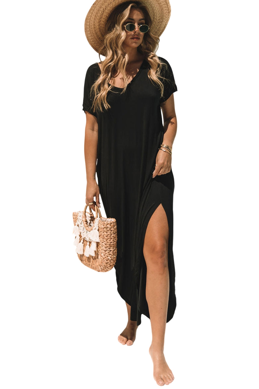Black V Neck Hidden Pocket Splits Maxi T-shirt Dress - Ballimart