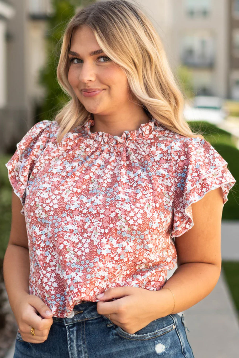 Pink Plus Size Floral Print Ruffled Sleeve Frilled Neck Blouse - Ballimart