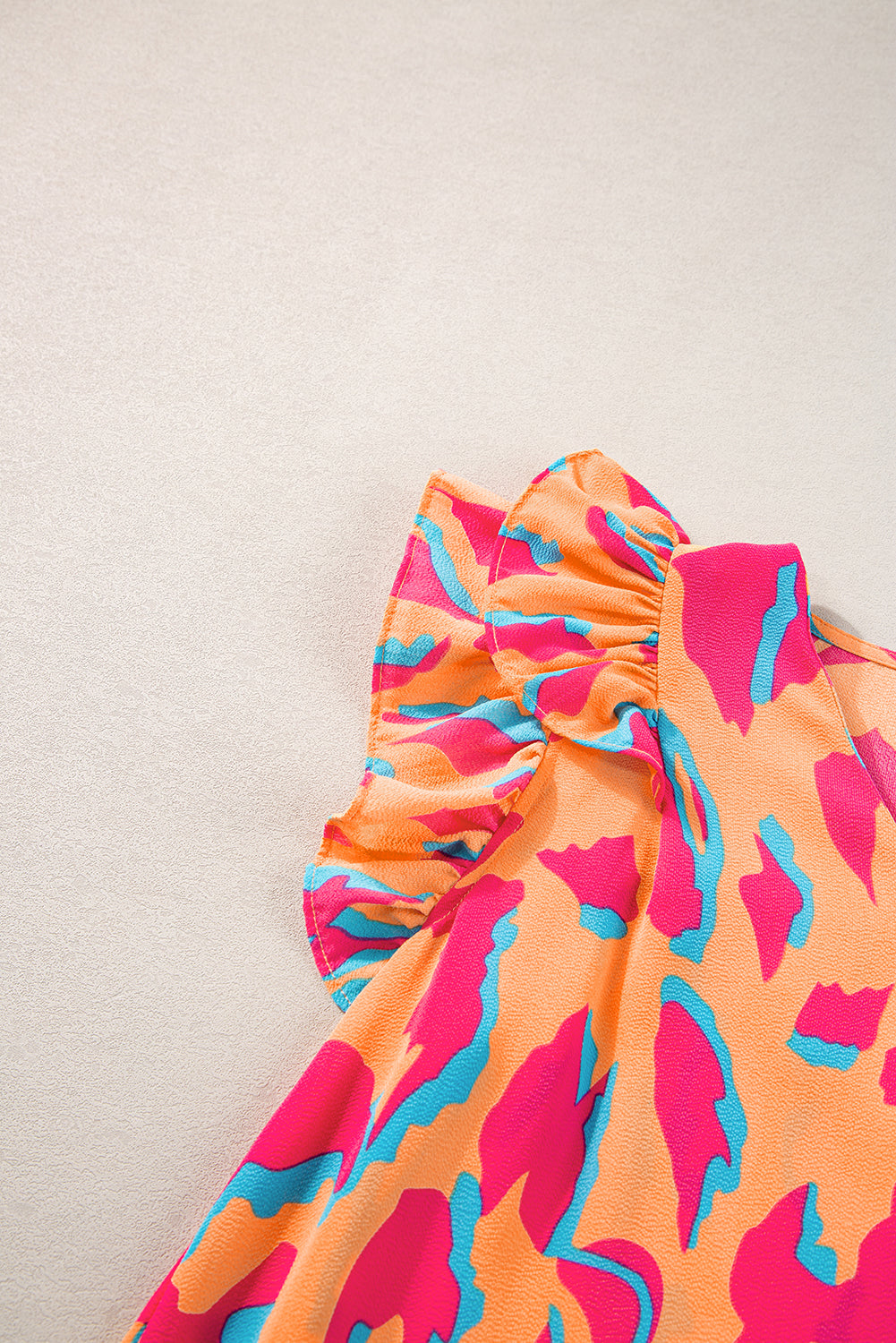 Orange Abstract Print V Neck Ruffled Sleeve Blouse - Ballimart