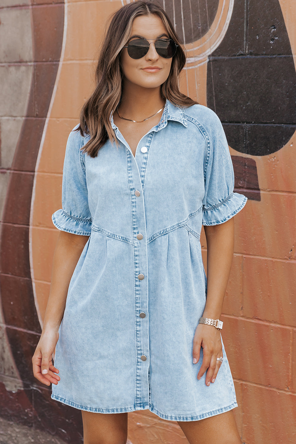 Beau Blue Mineral Wash Ruffled Short Sleeve Buttoned Denim Dress - Ballimart