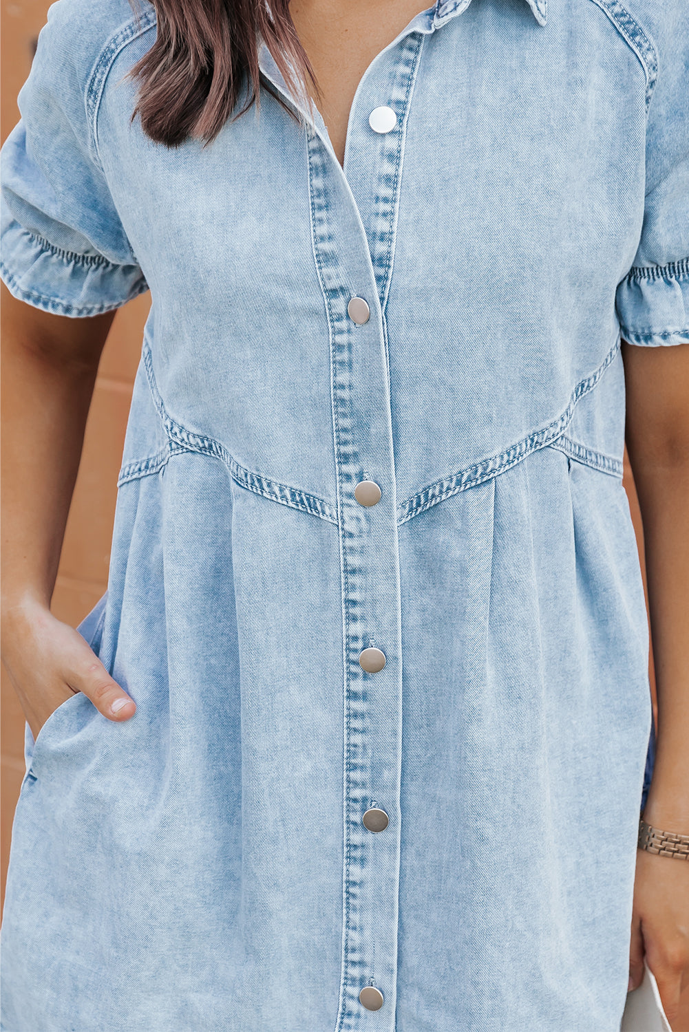 Beau Blue Mineral Wash Ruffled Short Sleeve Buttoned Denim Dress - Ballimart