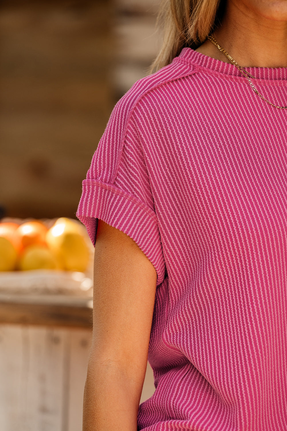 Rose Red Textured Knit Exposed Stitching T-shirt - Ballimart