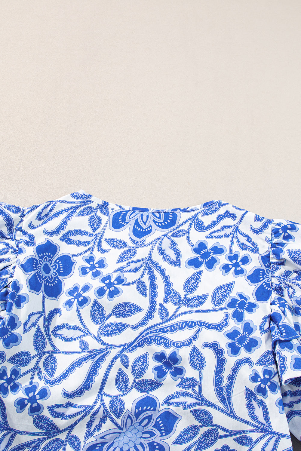 Dark Blue Floral Print Ruffled Bubble Sleeve Blouse - Ballimart