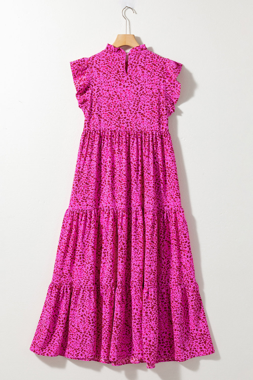 Rose Red Leopard Print Ruffled Trim Tiered Maxi Dress - Ballimart