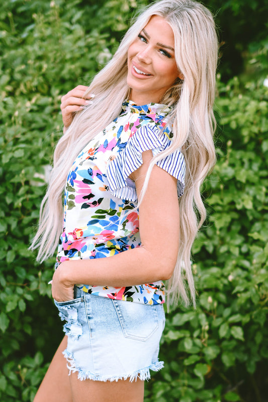 Light Blue Floral Print Striped Ruffled Sleeve Blouse - Ballimart