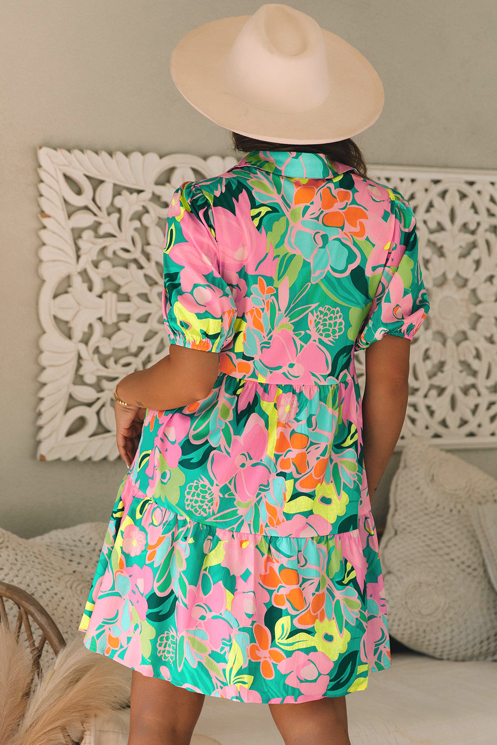 Green Floral Puff Sleeve Collar Buttoned Babydoll Dress - Ballimart
