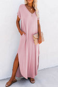 Pink V Neck Hidden Pocket Splits Maxi T-shirt Dress - Ballimart