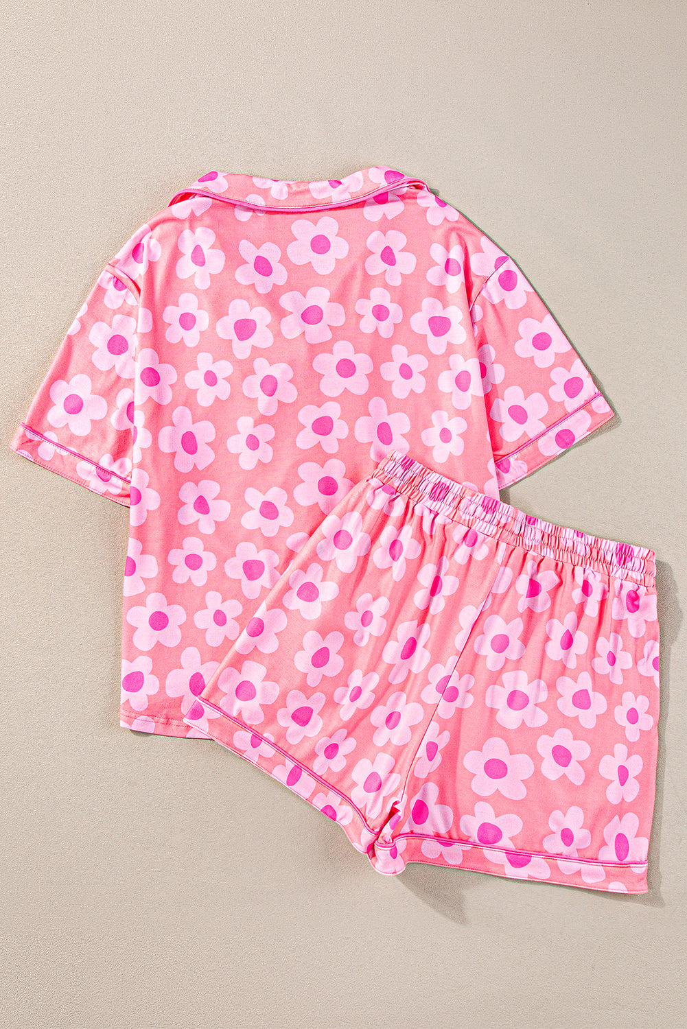 Pink Flower Print Short Sleeve Shirt Pajamas Set - Ballimart