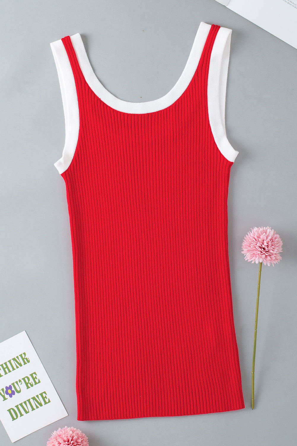 Fiery Red Colorblock Edge Ribbed Knit U Neck Tank Top - Ballimart