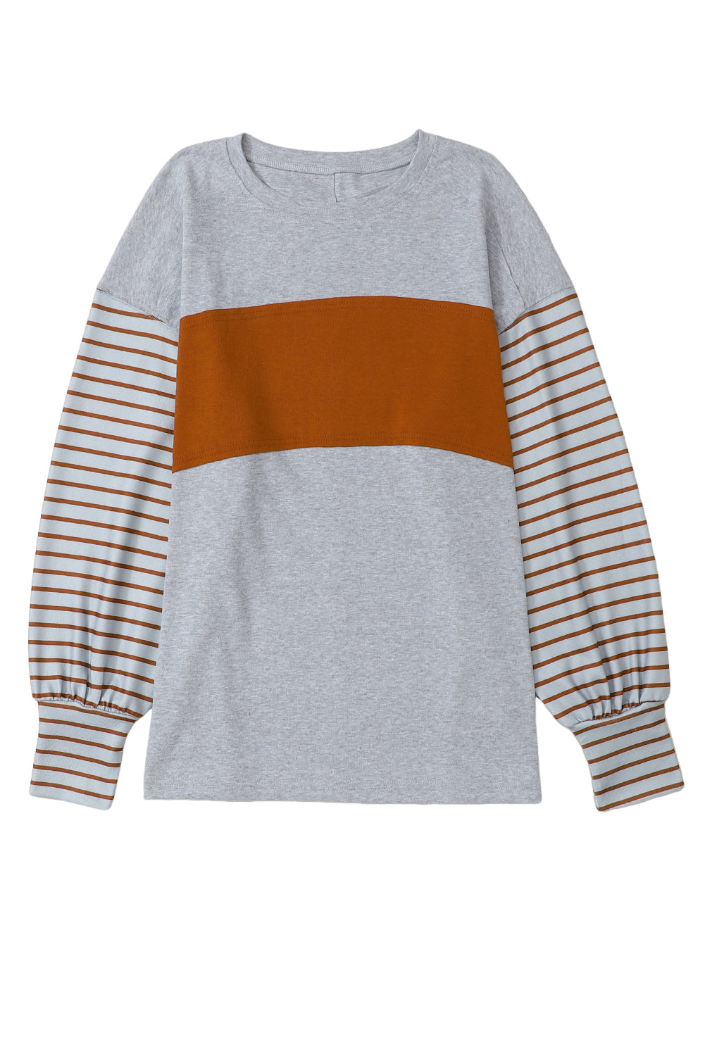 Gray Colorblock Striped Bishop Sleeve Top - Ballimart