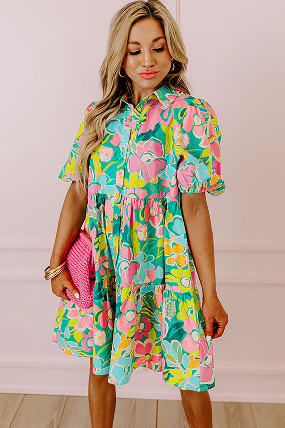 Green Floral Puff Sleeve Collar Buttoned Babydoll Dress - Ballimart