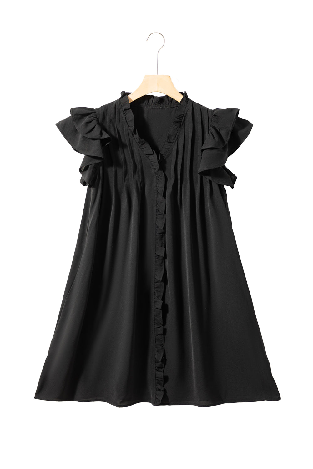 Black Ruffle Sleeve V Neck Frilled Shift Dress - Ballimart