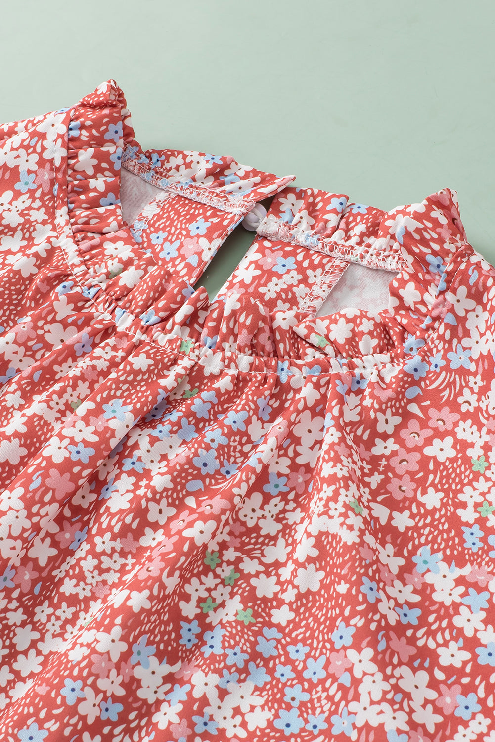 Pink Plus Size Floral Print Ruffled Sleeve Frilled Neck Blouse - Ballimart