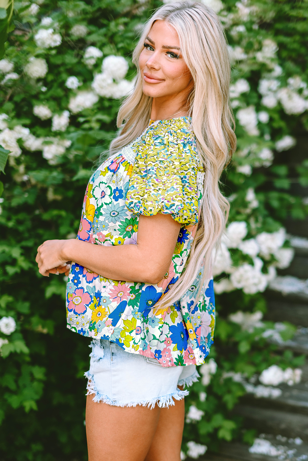 Green Bubble Sleeve Lace Trim Floral Mixed Print Blouse - Ballimart